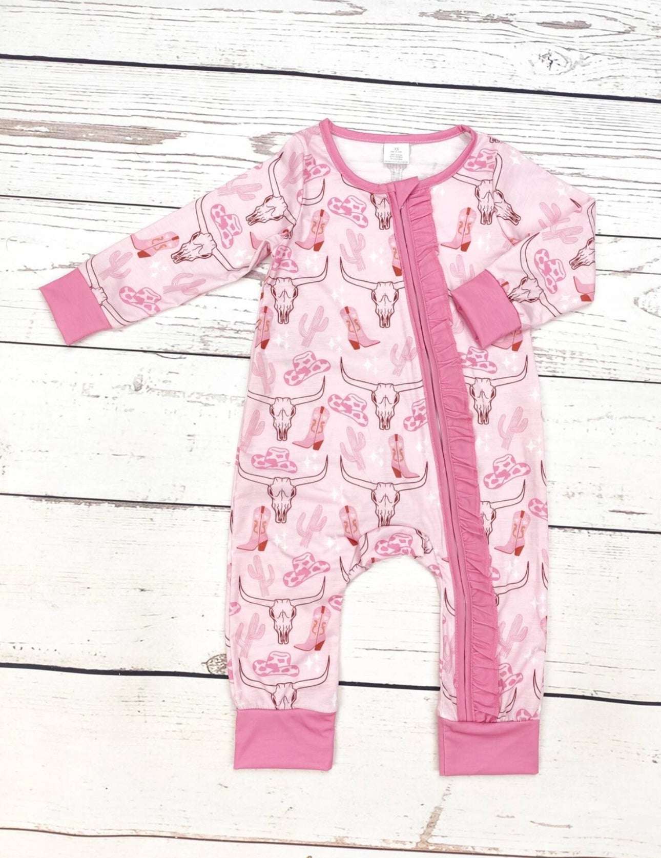 Pink Western Boot Cactus Bull Zip Onesie