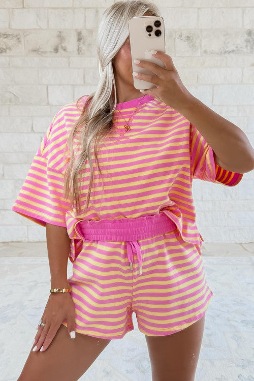 Rose Yellow Stripped Drop Shoulder Boxy Set