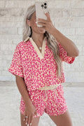 Rose/Brown V Neck Collar Leopard Printed 2pcs Short Set