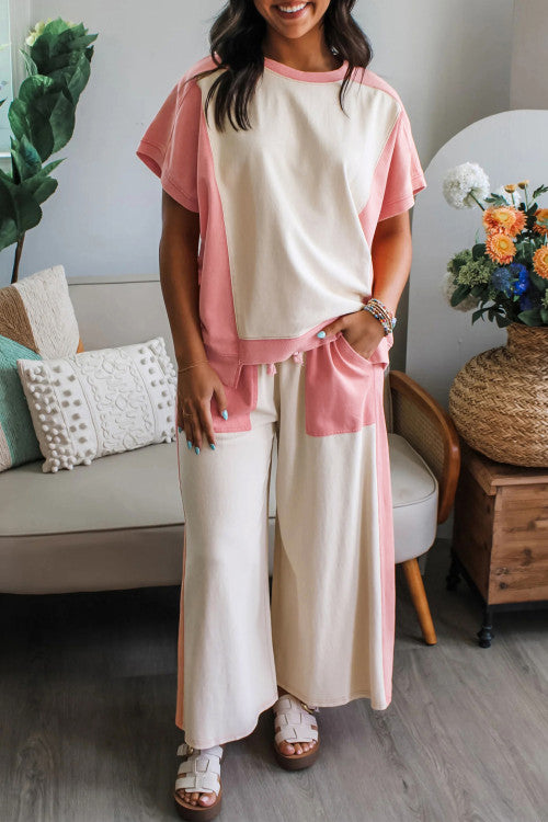 White & Pink Two-tone Color Block Patchwork Tee Drawstring Loose Pant Set