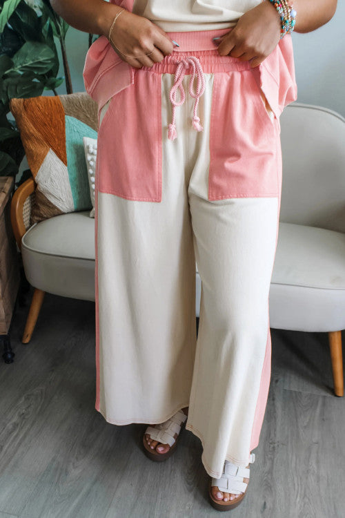 White & Pink Two-tone Color Block Patchwork Tee Drawstring Loose Pant Set