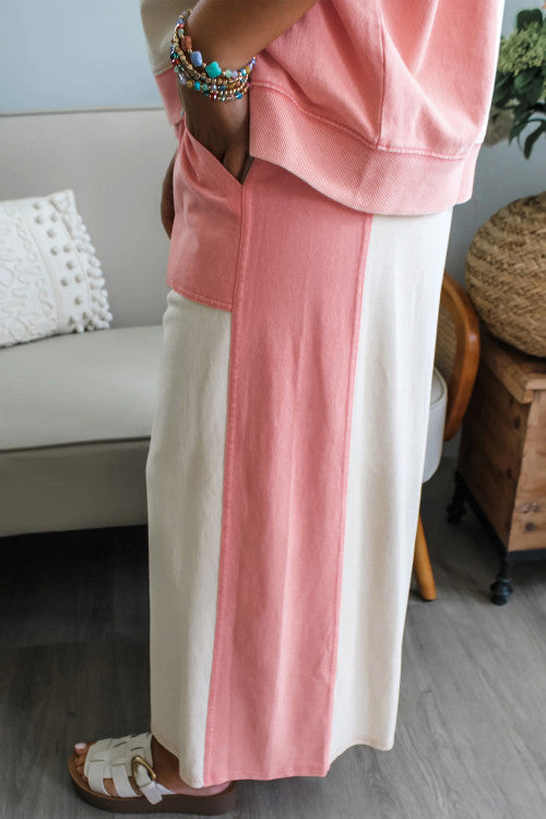 White & Pink Two-tone Color Block Patchwork Tee Drawstring Loose Pant Set