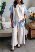 White & Sky Blue Two-tone Color Block Patchwork Tee Drawstring Loose Pant Set