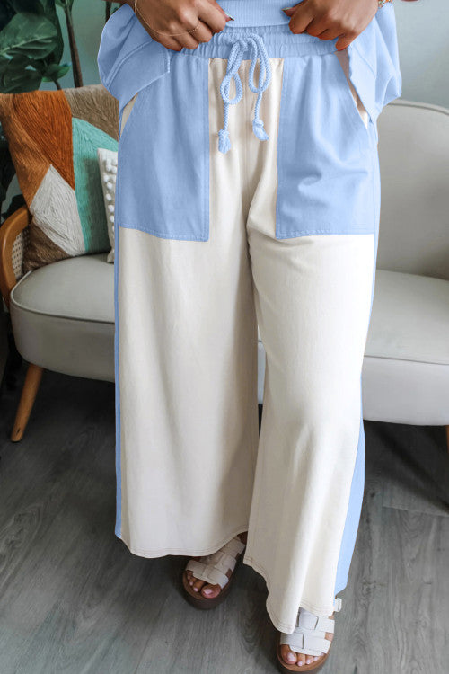 White & Sky Blue Two-tone Color Block Patchwork Tee Drawstring Loose Pant Set