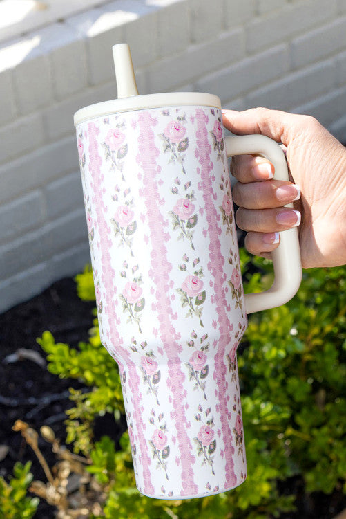 Light Pink Sweet Floral Print Straw Insert Thermo Tumbler Cup