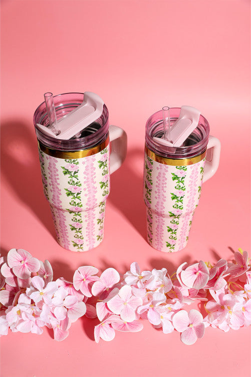 Pink 14/20 OZ Dainty Floral Print Stainless Steel Tumbler with Straw