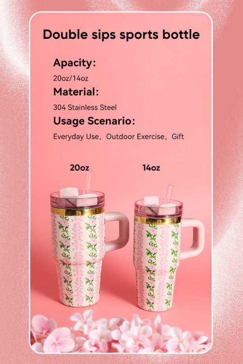 Pink 14/20 OZ Dainty Floral Print Stainless Steel Tumbler with Straw
